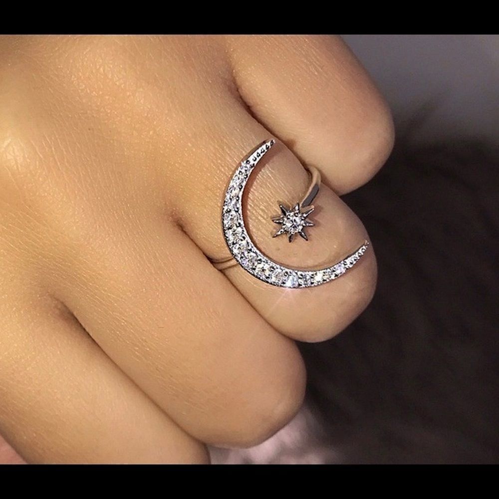 Crescent Moon & Star CZ Diamond Ring